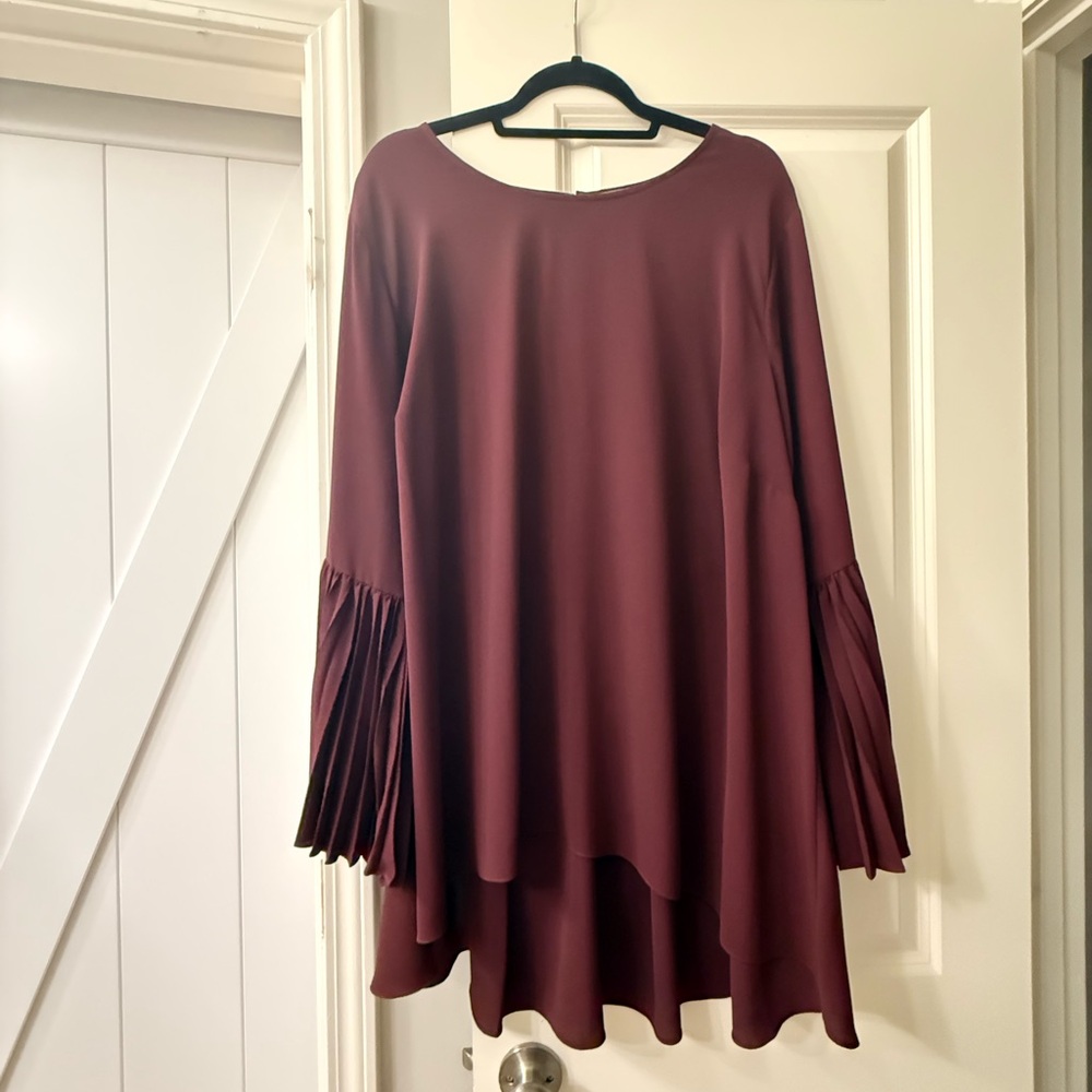 Elegant Burgundy Pleated Bell Sleeve Blouse